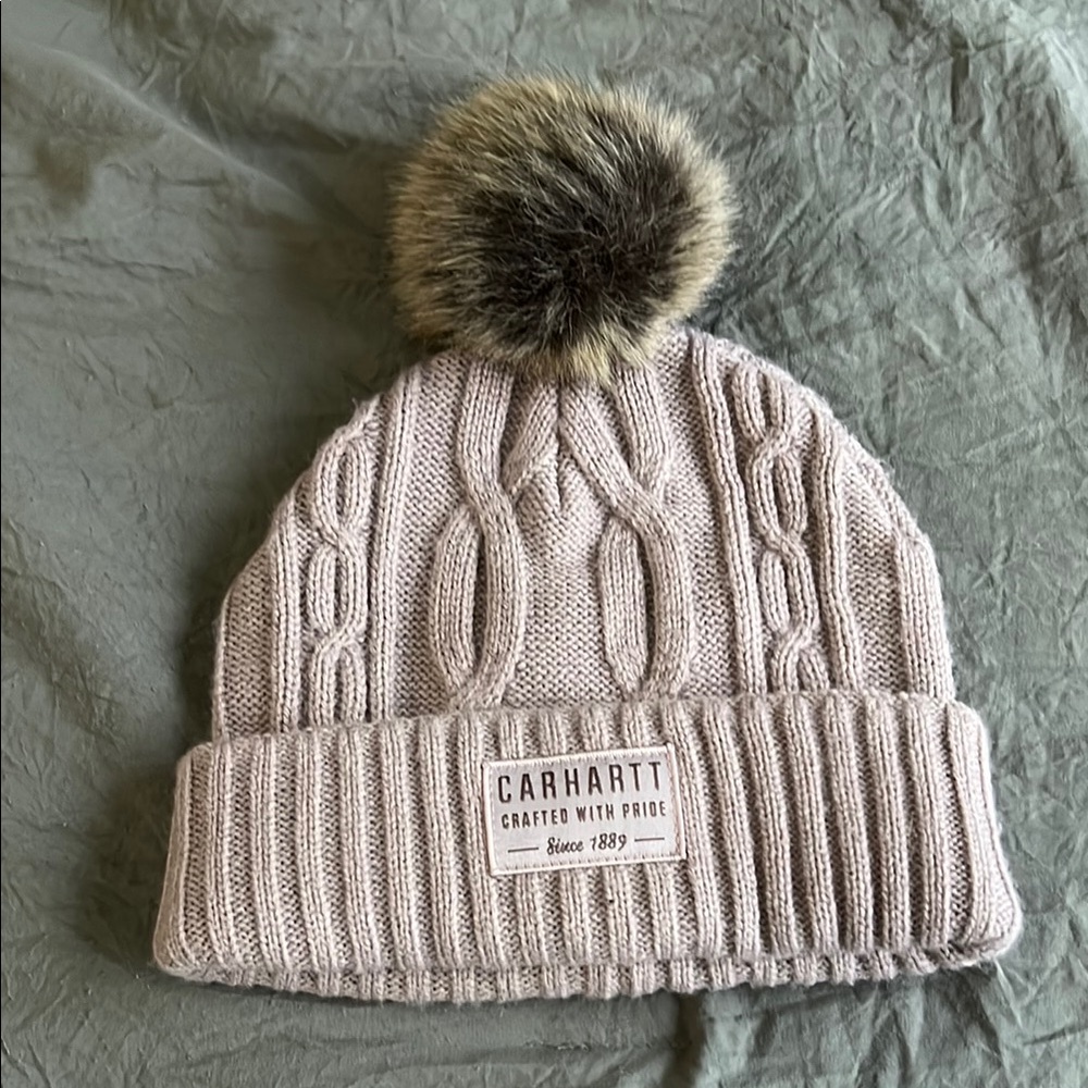 Carhartt Cable Knit Beanie with Faux Fur Pom
